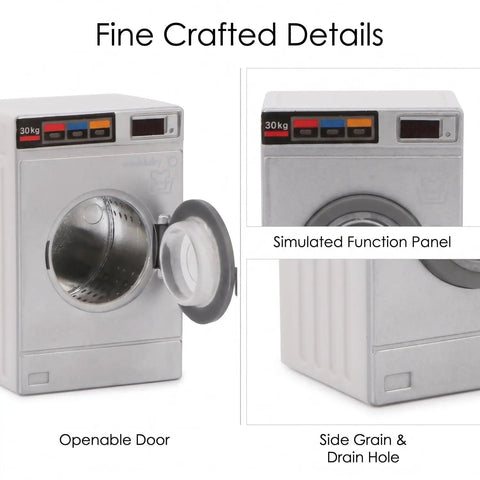 Dead On Realistic 1:12 Scale Mini Drum Washing Machine For Dollhouse Kitchen Setup showing openable door and function panel details.