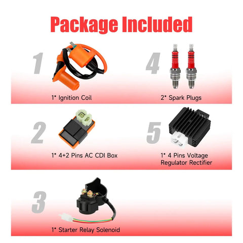 GY6 Ignition Coil CDI Box Starter Solenoid Relay Kit For 150cc 50cc 125cc Tao Tao Roketa Go Kart ATV Scooters With Voltage Regulator Rectifier Orange.
