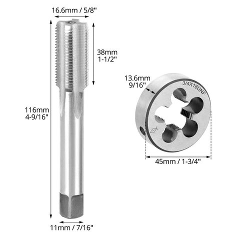 High Speed Steel 3/4-16 UNF Tap And Die Set For Precision Threading, showing dimensions and features, ideal for metalwork