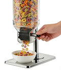 Top Shelf Stainless Steel Cereal Dispenser With Smooth Glide Dual Pump Airtight Dry Food Storage Tub For Coffee Beans Nuts And Bulk Munchies 16 Liter Commercial Grade Pantry Stocking Rack In Glossy Silver, pouring cereal into a bowl.