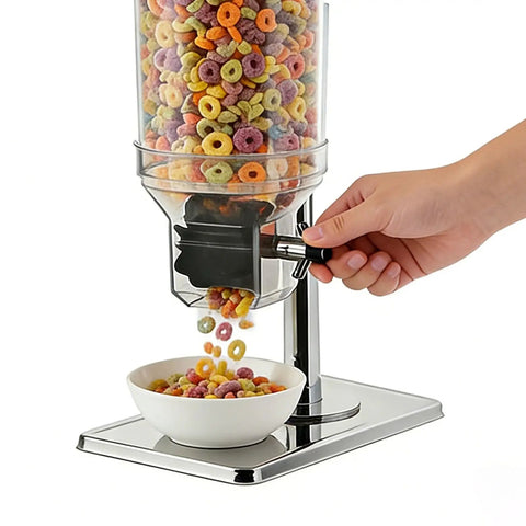 Top Shelf Stainless Steel Cereal Dispenser With Smooth Glide Dual Pump Airtight Dry Food Storage Tub For Coffee Beans Nuts And Bulk Munchies 16 Liter Commercial Grade Pantry Stocking Rack In Glossy Silver, pouring cereal into a bowl.