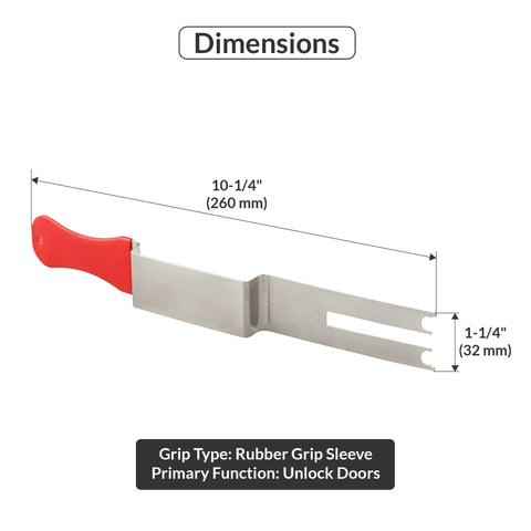 Built Tough Stainless Steel Emergency Access Tool Featuring Universal Door Unlock Design And Non Slip Rubber Grip Sleeve For Reliable Maintenance Jobs And Quick Service Calls, 10-1/4" length.