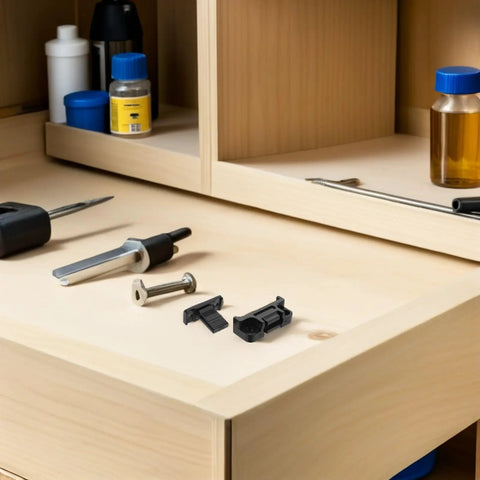 12 Pack Adjustable Cabinet Fasteners With Push In ABS Base And Panel Clips on wooden surface