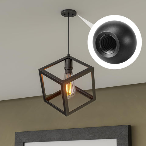 Close-up of a black carbon steel threaded ball knob and screw cap in use on a ceiling light fixture, from the 18Pcs M4 x 9mm Threaded Ball Knobs and Screw Caps Set for Lighting DIY Projects, Black Carbon Steel Hardware, Dope Ball Lamp Decoration Nuts, Ball-Nuts for Fixtures, Replacement and Customization.