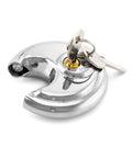 Beefy Heavy Duty Disc Lock With Three Eighths Inch Shackle, Steel Padlock For Storage Units, includes keys, close-up view