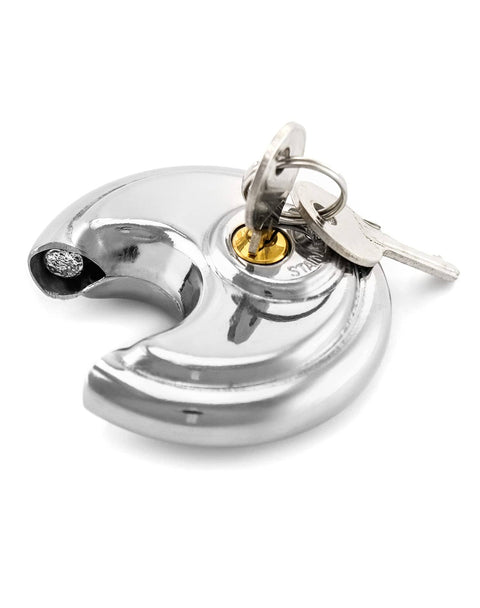 Beefy Heavy Duty Disc Lock With Three Eighths Inch Shackle, Steel Padlock For Storage Units, includes keys, close-up view
