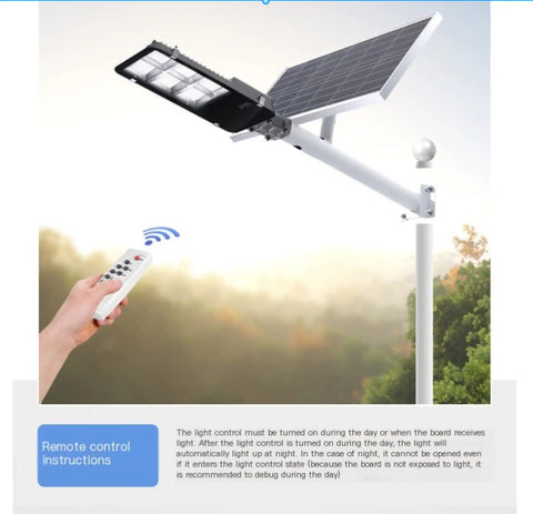 Rugged Outdoor Solar Wall Light With Super Bright Waterproof Security Flood Light And Remote Control showcasing remote control and solar panel.