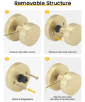 Gold Dummy Door Knobs Set Four Pack Heavy Duty Zinc Alloy With Brushed Gold Finish installation steps showing screw and knob removal.
