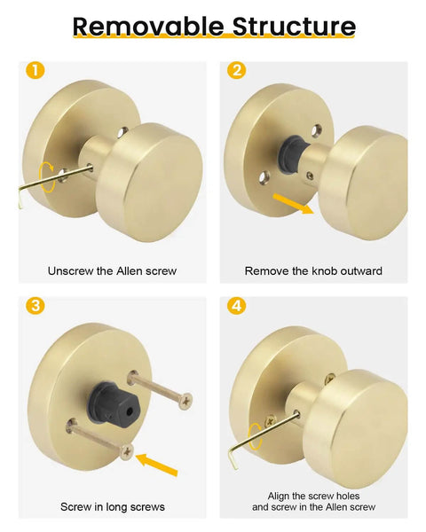 Gold Dummy Door Knobs Set Four Pack Heavy Duty Zinc Alloy With Brushed Gold Finish installation steps showing screw and knob removal.
