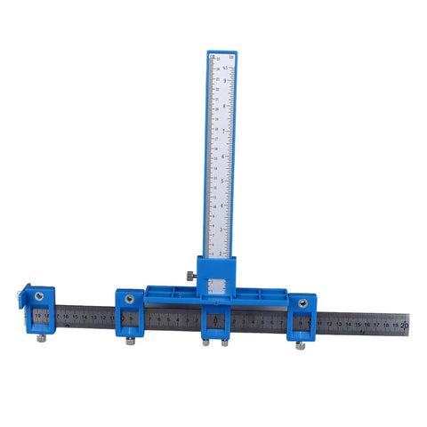 Precision Aluminum Punch Locator Drill Guide Jig For Pro Level Cabinetry And Carpentry Delivering Straight Up Zero Drama Doweling And Knockout Fitment Every Time - blue alignment tool with measurement scale.