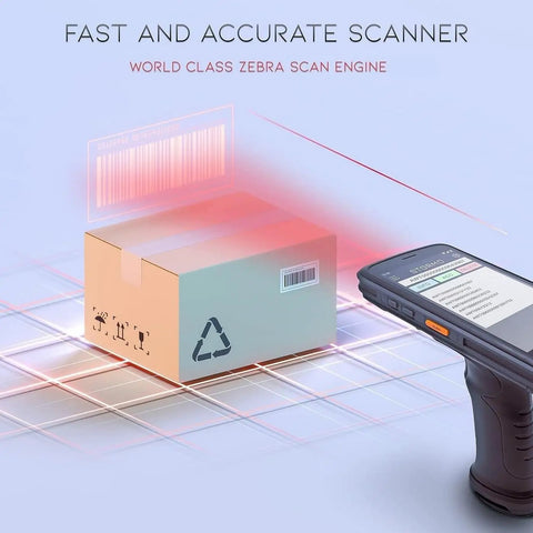 Rugged Pistol Grip Barcode Scanner With 2D 1D And QR Reading scanning a box, Android 13 Ready, WiFi Bluetooth enabled in warehouse.