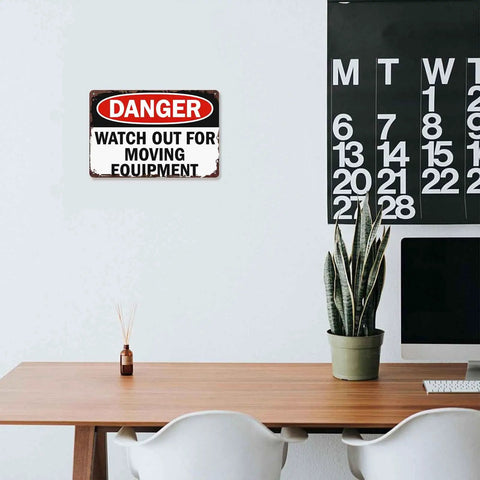 Office space with Aluminum Watch Out For Moving Equipment Warning Sign 8x12 Inch Wall Decor above desk