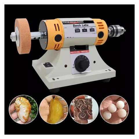 Mini Dual Mode Rotary Engraver And Compact Desktop Polisher Kit For Wet Dry Woodworking Metal Carving Jeweler Crafting showing a bench lathe with a polishing wheel.