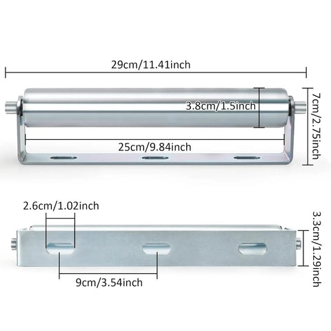 Four Pack Ten Inch Galvanized Steel Conveyor Rollers With Heavy Duty Brackets And No Sweat Install For Smooth Material Handling And Built Tough Workshop Gear dimensions and detail.