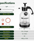 Clear 0.4 Gallon Hand Pump Sprayer for Indoor Plants with side port, measuring cup, adjustable nozzles, and leak resistant seals.