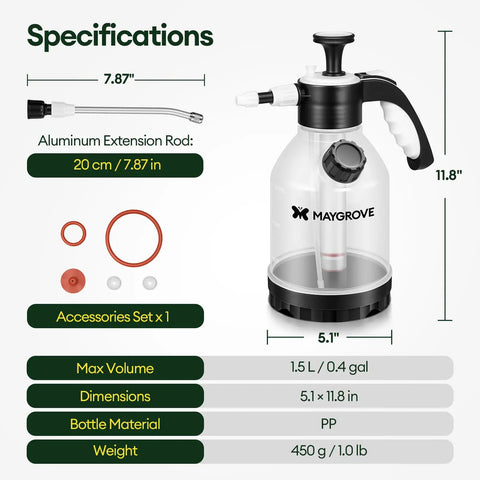 Clear 0.4 Gallon Hand Pump Sprayer for Indoor Plants with side port, measuring cup, adjustable nozzles, and leak resistant seals.