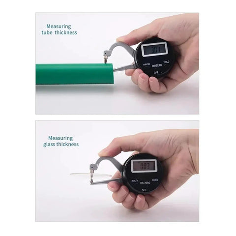 Digital Electronic Thickness GAGE 0-1"/25mm measuring tube and glass thickness in hands with digital display.