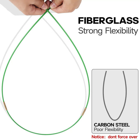Hands bending 45Ft Fiberglass Running Wire Cable Kit With Glow Rods showing flexibility compared to carbon steel.