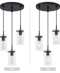 Awesome Industrial Style 3-Light Pendant For Kitchen Island Black Fixture With Clear Glass Shades UL Listed shown off and on