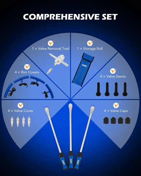 14.5 Inch Tire Spoon Kit With 20-Piece Tire Changing Tools includes valve tool, storage roll, rim protectors, and leverage spoons.