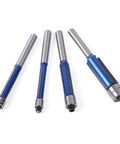 Top Notch 4 Piece Flush Trim Router Bit Set With Double Bearing Precision Guides And Tough 6Mm Shank For Smooth Woodworking Trimming Jobs Plus Storage Box Included, showing four router bits with blue trim.