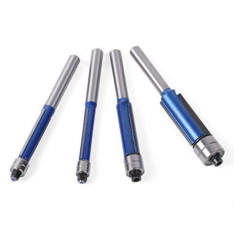 Top Notch 4 Piece Flush Trim Router Bit Set With Double Bearing Precision Guides And Tough 6Mm Shank For Smooth Woodworking Trimming Jobs Plus Storage Box Included, showing four router bits with blue trim.