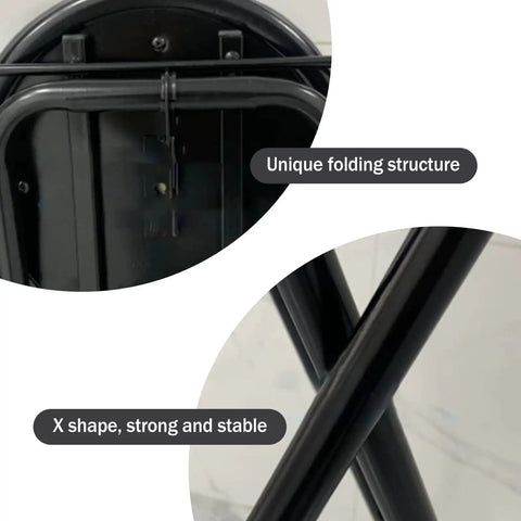 Close-up of Foldable Metal Bar Stool 32 Inch Tall With Padded Seat's folding structure and sturdy X-frame for strength.