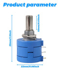 Three Piece Set Of 10k Ohm 10 Turn Rotary Potentiometers dimensions with blue housing and metal shaft