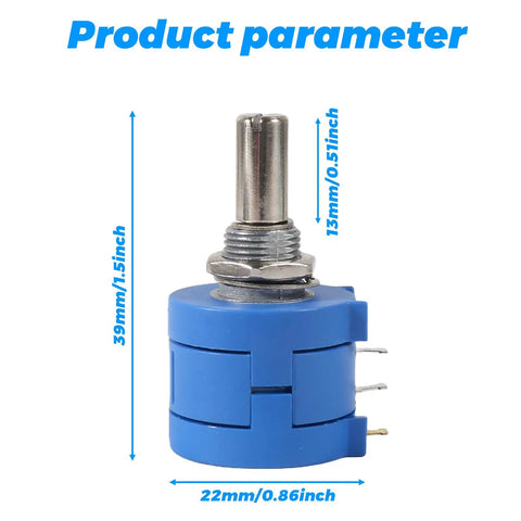 Three Piece Set Of 10k Ohm 10 Turn Rotary Potentiometers dimensions with blue housing and metal shaft