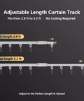 Retractable Ceiling Curtain Track 2.8 To 5.2 Ft White With Silent Nano Roller System And 304 Stainless Steel Hooks, Adjustable Length From 33.6 To 62.4 Inches, Easy Install Noiseless Operation For Windows Or Room Dividers. shown extended and retracted with hooks