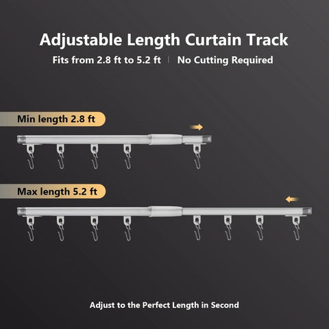Retractable Ceiling Curtain Track 2.8 To 5.2 Ft White With Silent Nano Roller System And 304 Stainless Steel Hooks, Adjustable Length From 33.6 To 62.4 Inches, Easy Install Noiseless Operation For Windows Or Room Dividers. shown extended and retracted with hooks