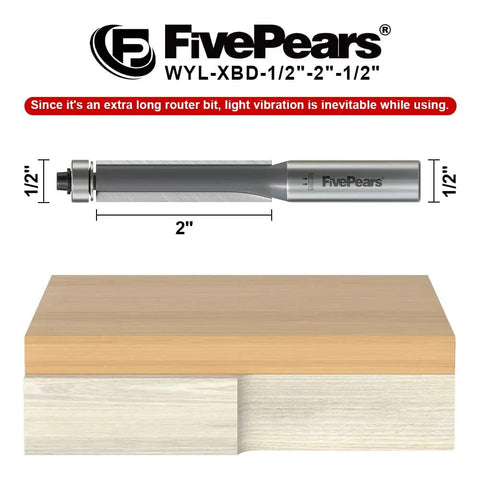 Shop Pro Half Inch Shank Flush Trim Router Bit With Razor Sharp Carbide Teeth And Anti Kickback Safety Made To Handle Heavy Lifting Woodworking Tasks Without Breaking A Sweat shown over wood panel, dimensions marked.