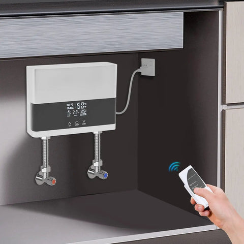 Dang Nice Under Sink Instant Hot Water Heater With Crisp Digital Display 110 Volt 4000 Watt Heavy Duty Electric Mini Tank installed under kitchen cabinet with remote control