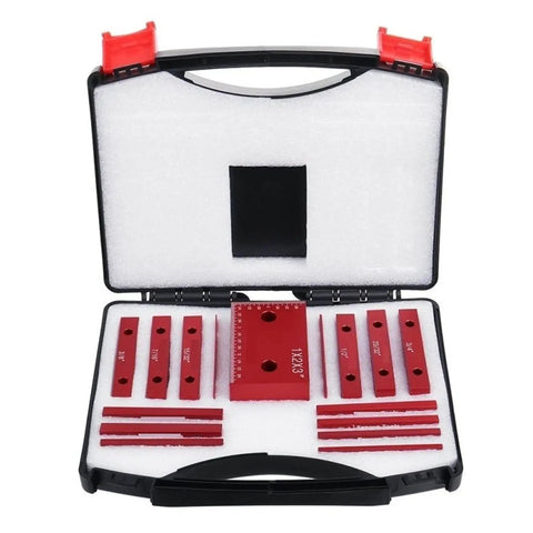 No Bull Precision Height Gauge For Woodworkers set in a case showing red setup bars, metric and inch measurements, durable design.