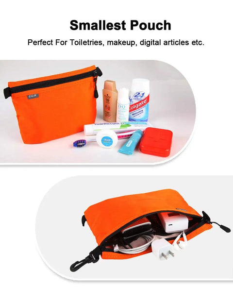 Smallest pouch from the Three Pack Travel Toiletry Bags for Men Carry-On Organizer set, with toiletries and electronics.