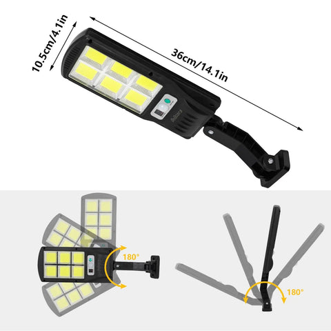 Outdoor Solar Motion Sensor Flood Lights 6000 Lumens 120 LED 3 Modes Waterproof Wall Lamp dimensions and adjustable angles