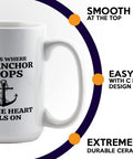 15 Oz White Coffee Mug For Boaters Lake Life Gift Funny Sailor Themed Captain Gift with anchor design and text.
