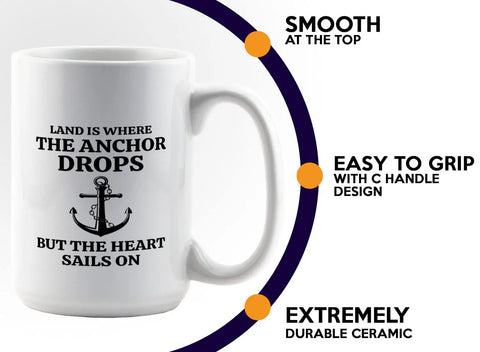 15 Oz White Coffee Mug For Boaters Lake Life Gift Funny Sailor Themed Captain Gift with anchor design and text.
