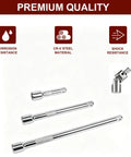 4 Piece 3/8 Inch Drive Socket Extension Bar Set With 3, 6, And 10 Inch Extensions And 3/8 Inch Drive Universal Joint Sockets, CR V Steel Construction