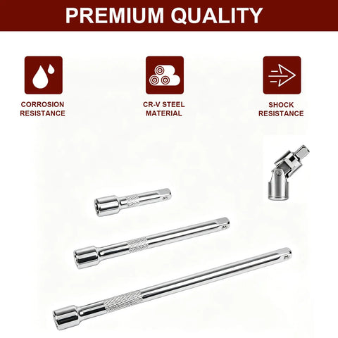 4 Piece 3/8 Inch Drive Socket Extension Bar Set With 3, 6, And 10 Inch Extensions And 3/8 Inch Drive Universal Joint Sockets, CR V Steel Construction