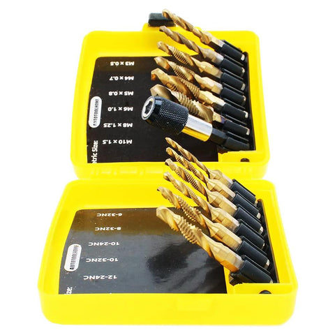 AUTOTOOLHOME 13-piece titanium drill tap bit set in yellow case for SAE and metric threads