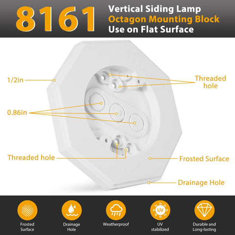 Vertical Siding Mounting Block For Outdoor Lights And Cams With Built In Electrical Box Octagon Style Textured Paintable Surface Easy Install For T111 HardiePlank Siding And Other Flat Vertical Surfaces, 8161 white
