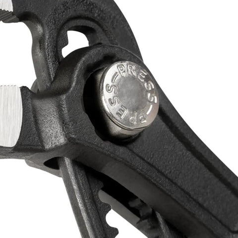 Close-up of the quick-adjust mechanism on the 3 Piece Quick Adjust Klaw Pump Pliers Set With V Jaw And Hardened Teeth For Maximum Torque.