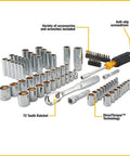 84 piece mechanic tool set with various sockets and a screwdriver, compatible with Boot Ready 20V Max Cordless Drill And Driver Combo Kit.