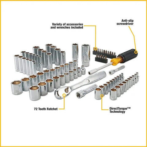 84 piece mechanic tool set with various sockets and a screwdriver, compatible with Boot Ready 20V Max Cordless Drill And Driver Combo Kit.