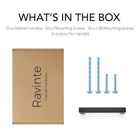 Box with 25 Pack 4 Inch Square Cabinet Handles Matte Black Drawer Pulls For Cupboards And Kitchen Cabinets and included screws.