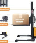 Top Tier Apollo Semi Electric Stacker Pallet Jack With 3300 Lb Capacity And 98 Inch Lift Height showing adjustable forks and straddle legs.