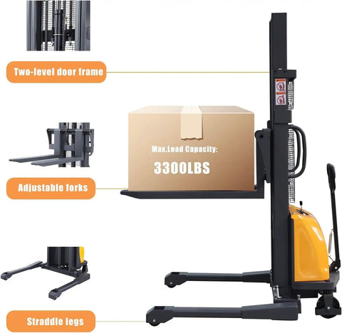 Top Tier Apollo Semi Electric Stacker Pallet Jack With 3300 Lb Capacity And 98 Inch Lift Height showing adjustable forks and straddle legs.
