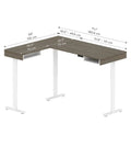 L Shaped Electric Standing Desk Adjustable Height Commercial Workstation Heavy Duty Desktop Melamine Finish Walnut Grey White 72 Inch Width dimensions