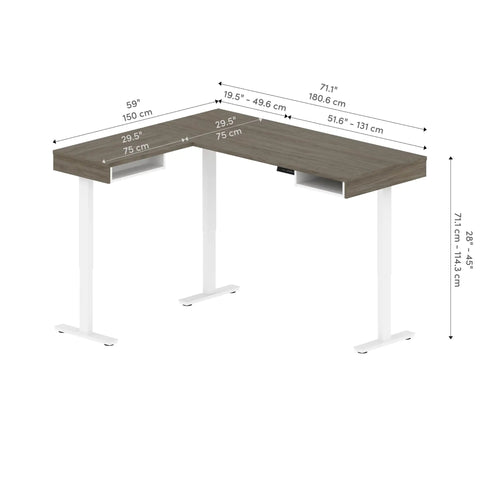 L Shaped Electric Standing Desk Adjustable Height Commercial Workstation Heavy Duty Desktop Melamine Finish Walnut Grey White 72 Inch Width dimensions
